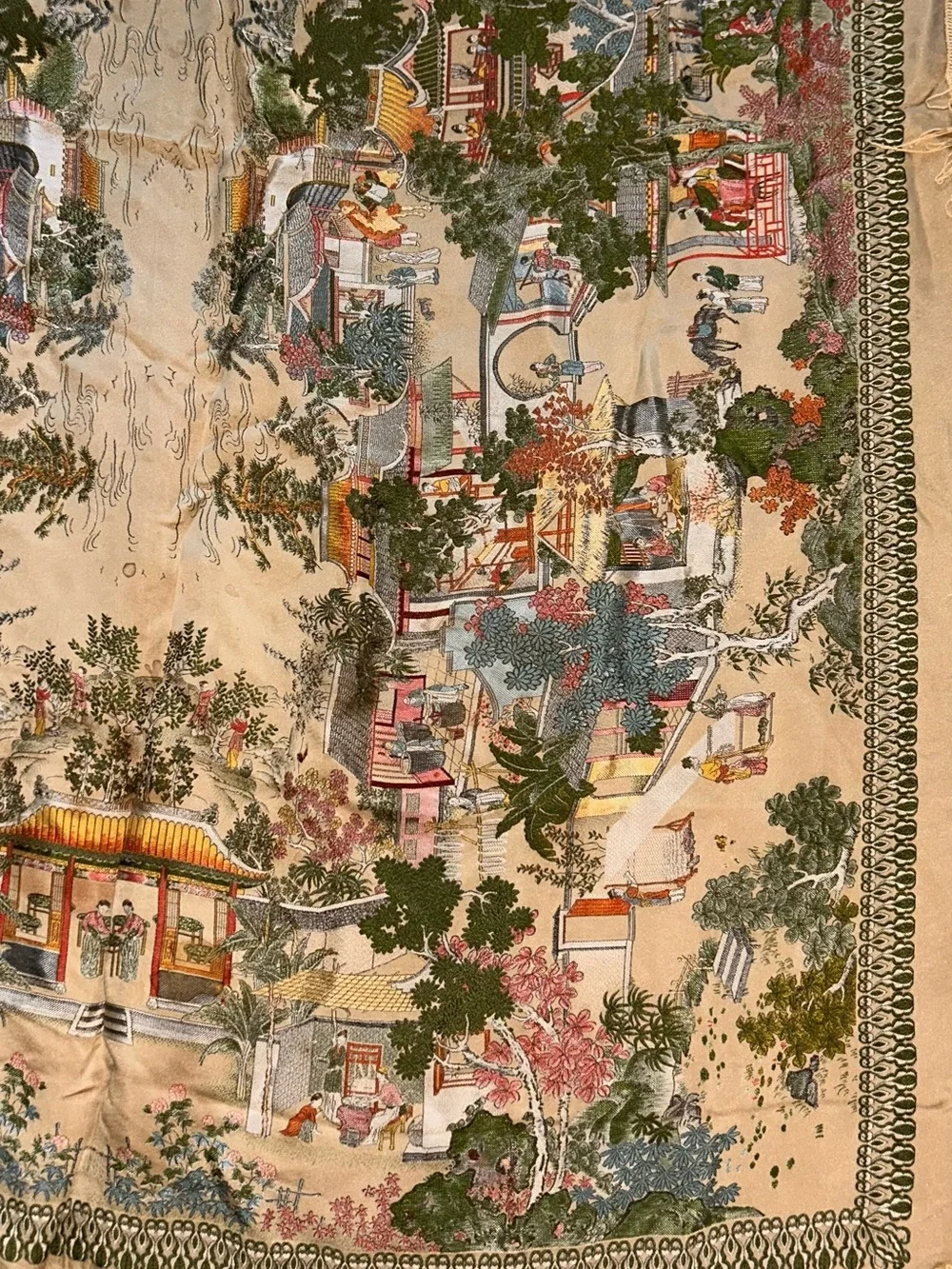 Vintage Chinoiserie Silk Scenic Wall Hanging in Multicolor